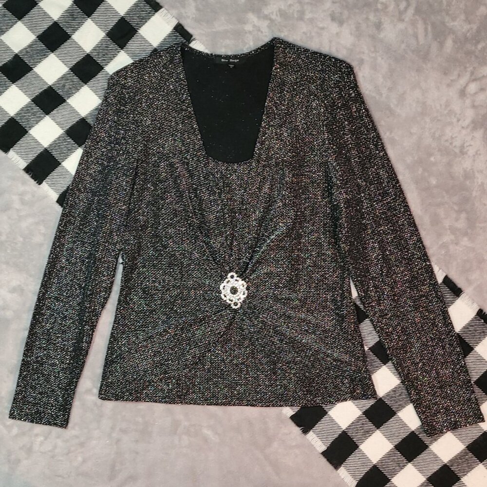 L | Blu Sage | Sparkle V-Neck Gathered Brooch Blouse